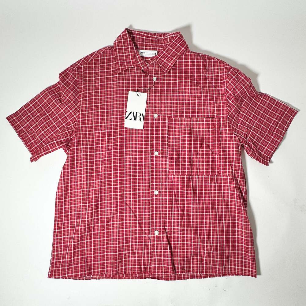 Zara Mens L Red White Plaid Short Sleeve Cotton Button Up Shirt NWT